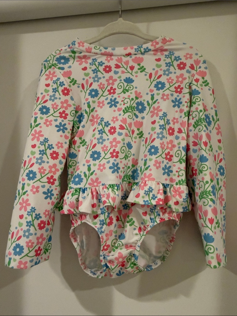 Kids Floral Ruffle One-Piece Swimsuit - White with Pink, Blue & Green